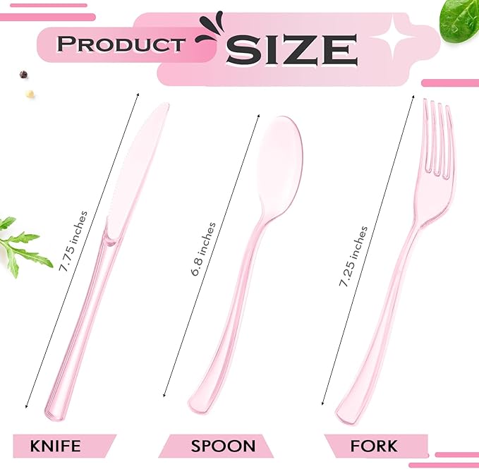 Minatee 150 Pieces Disposable Cutlery Set Plastic Silverware Heavy Duty Utensil Sets 50 Forks 50 Knives 50 Spoons for Home Office School Party Picnics Restaurant Outdoor Events(Pink)