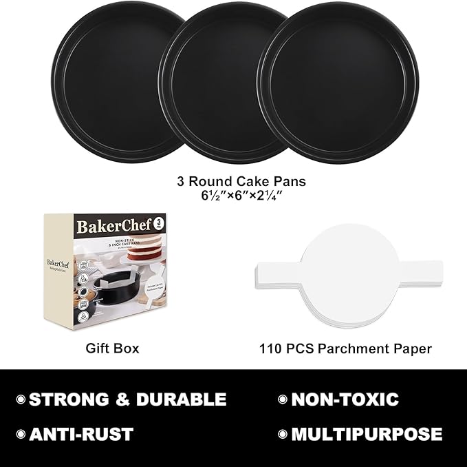 6 Inch Cake Pan Set of 3, Nonstick Round Cake Pans with 110 PCS Parchment Paper, Carbon Steel Smash Cake Baking Pans Tins, Dishwasher Safe