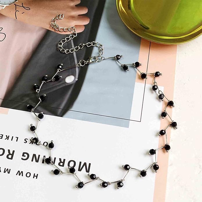 Black Crystal Choker Necklace Short Black Beaded Choker Necklace Silver Chain Necklace Minimalist Necklace Jewelry for Women and Girls-BrightBean Baby