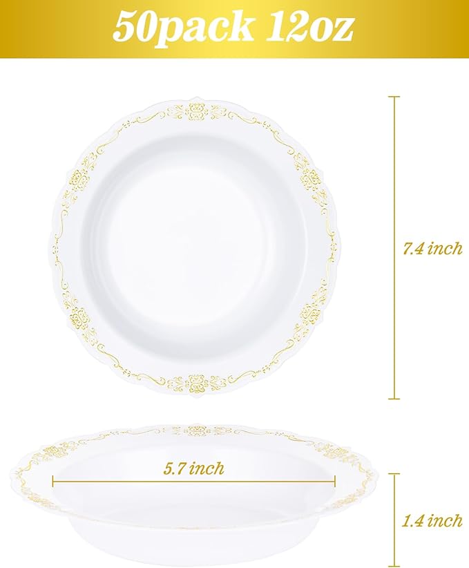 50 Pack White Plastic Bowls with Gold Rim, 12oz Disposable Soup Bowl, Heavy Duty Dinner Bowls for Party, Weddings, Dinners, Catering and Everyday Use