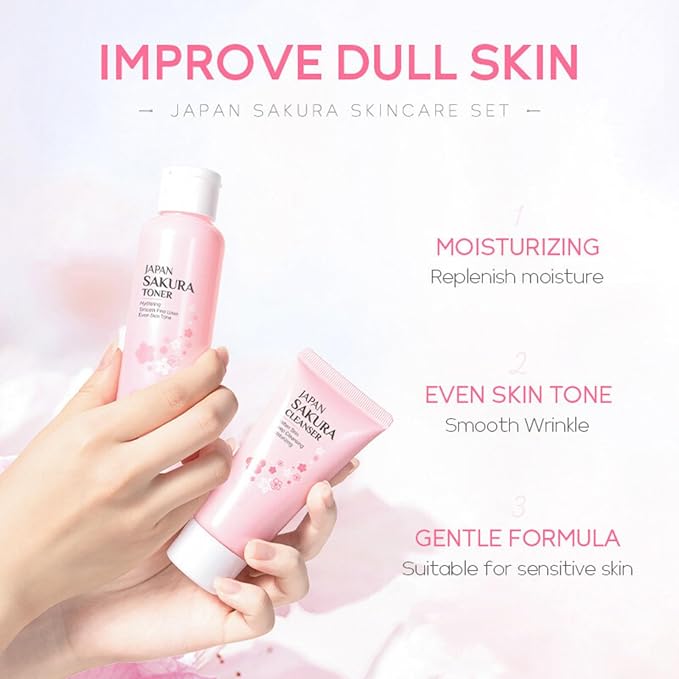 Sakura Skin Care Set, Women Gift Sets, Skin Care Kit with Cleanser, Toner, Serum, Eye Cream, Face Cream, Skin Care Routine Kit for Women, Even Skin Tone, Tighten & Firm Skin-BrightBean Baby
