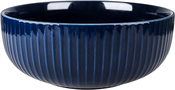 Extra Large Salad Bowl, 2800ml Ceramic Fruit Bowl, Stylish Navy Blue Round Vertical Stripe Soup Bowl, Serving Bowl for Salad, Fruit, Noodle, Soup(23.5x8.8cm, 95oz)