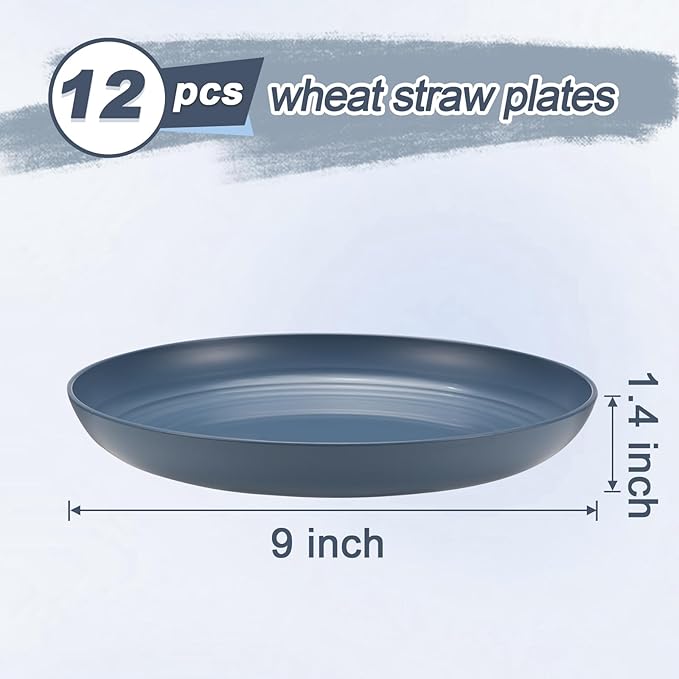 12 Pcs Unbreakable Deep Dinner Plates Set, 9 inch Reusable Plastic Wheat Straw Plates, Microwave and Dishwasher Safe Plate for Kitchen, Lightweight Plate for Dessert, BPA Free, Dark Blue