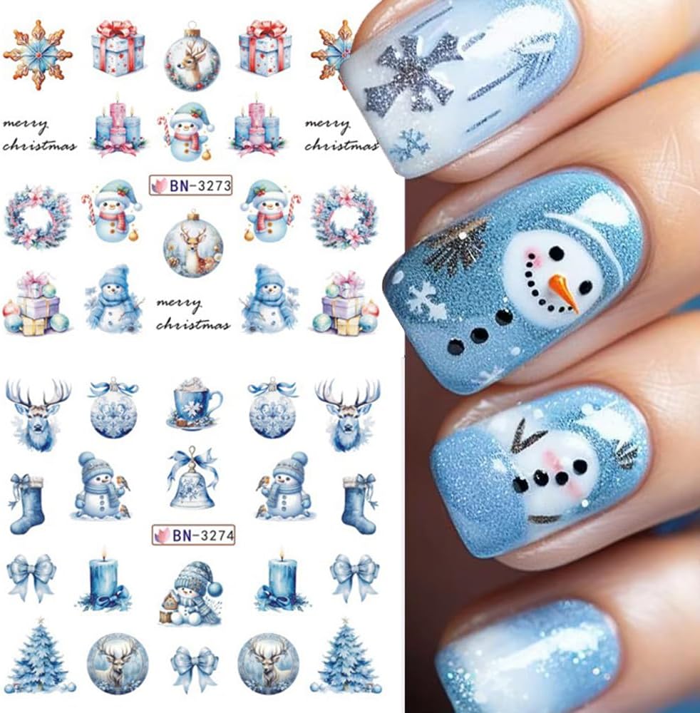 Christmas Nail Art Stickers Snowman Snowflake Water Transfer Nail Decals Xmas Winter Nail Art Decorations Cute Penguin Santa Claus Elk Gingerbread Man Gift Design Nail Foil Sticker for Women DIY Nails-BrightBean Baby