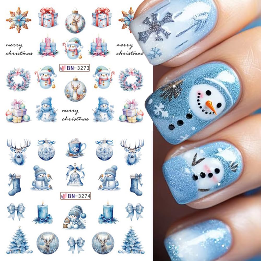 Christmas Nail Art Stickers Decals Winter Snowflake Snowman Acrylic Nail Decals Santa Claus Holographic Water Transfer Nail Foils Cute Gingerbread Man Xmas Tree Elk Penguin Sticker for Women DIY Nails-BrightBean Baby