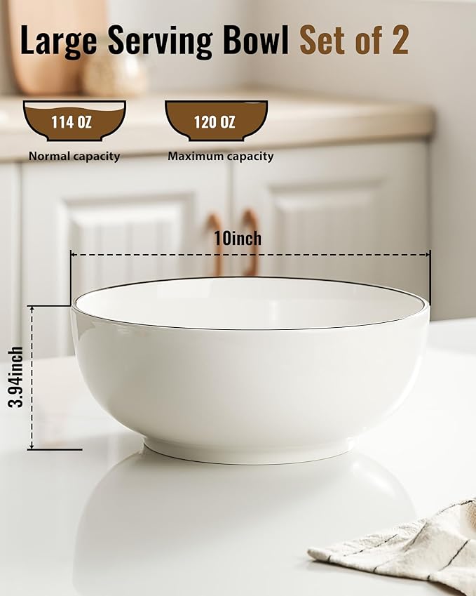 Salad Bowls, 120 OZ(10") Large Serving Bowls Set of 2, Ceramic White Serving Bowls for Salad, Soup, Pasta and Dinner, Large Porcelain Bowl Set for Entertaining with Black on the Rim