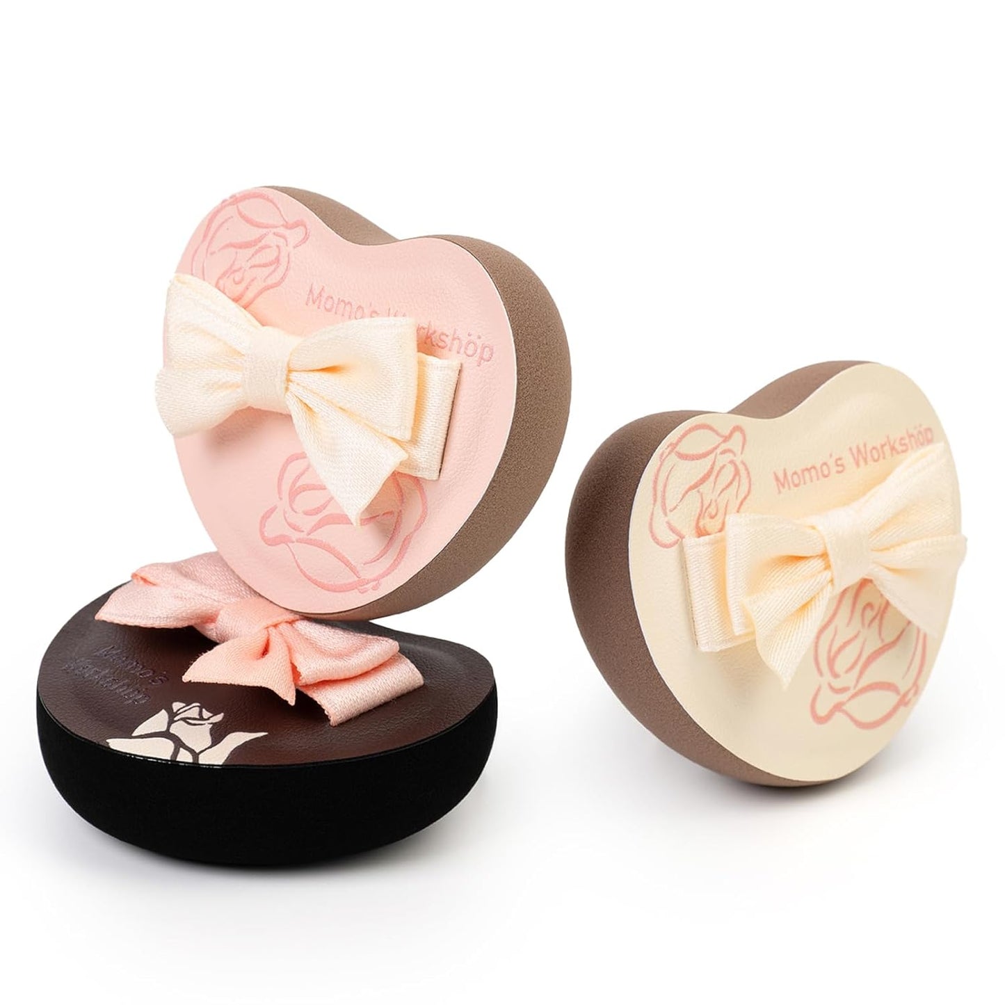 Heart-Shaped Makeup Sponge,Firm Bounce Rubycell, Foundation Sponge with Bow Tie Strap, for Precision Blending of Concealer/Cream Products, 3-Colors,Travel Friendly & Reusable & Storage Case-BrightBean Baby