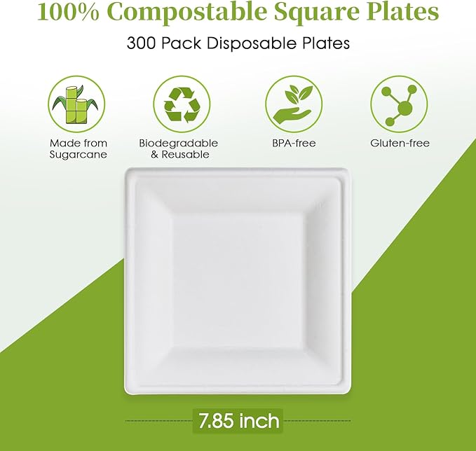 ECOLipak 7.85 Inch Compostable Square Paper Plates, 300 Count Heavy Duty Paper Plates, Eco Friendly Disposable Sugarcane for Party, Daily