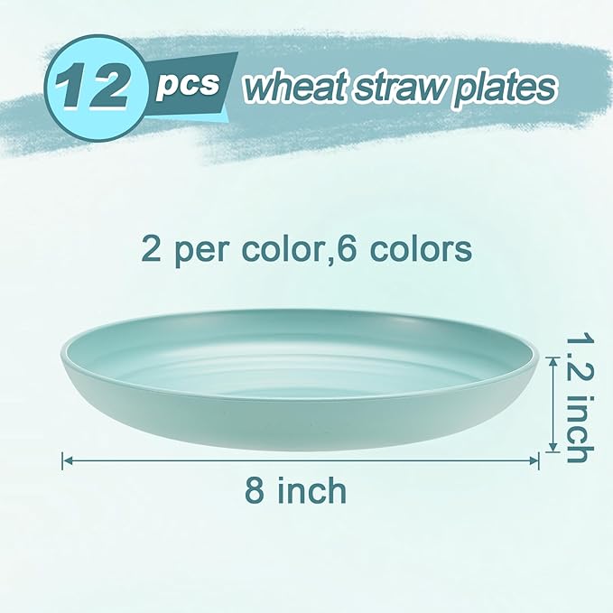 12 Pcs Unbreakable Deep Dessert Plates Set, 8 inch Reusable Plastic Wheat Straw Plates, Microwave and Dishwasher Safe Plate for Kitchen, Lightweight Plate for Dessert, BPA Free, 6 Colors