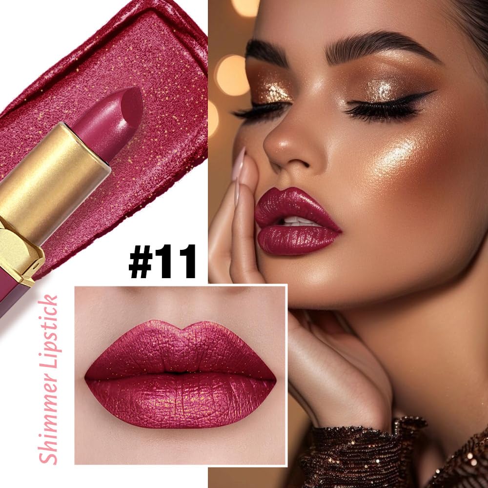 Plum Metallic Lipstick for Women,Lightweight Shimmer Frosted Lipstick,Glitter Lip Gloss Stain Long Lasting Waterproof Smudge Proof 24 Hour Full Coverage Lip Makeup,Vegan-BrightBean Baby