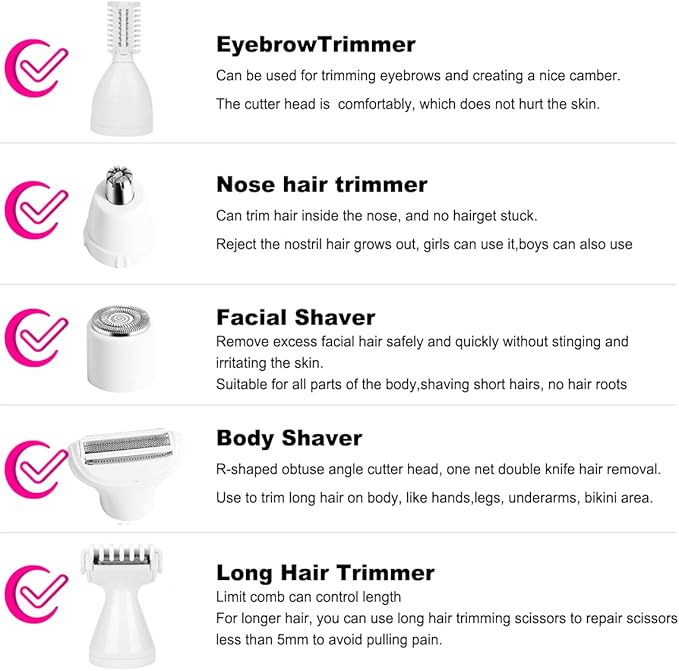 Electric Razor for Women Removal for Body Nose Hair Trimmer Face Shavers Eyebrow Legs Armpit Bikini Area Pubic Underarms Painless Rechargeable Portable 5 in 1 Womens Razors Set-BrightBean Baby