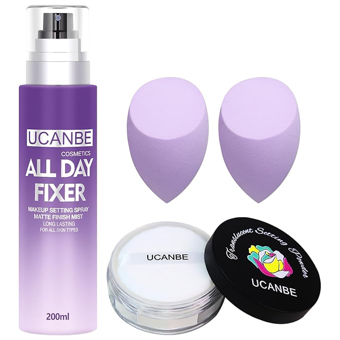 UCANBEMAKUP Long Lasting Makeup Setting Spray Kit- 6.76 Fl oz Hydrating Matte Finish Mist Lightweight Face Make up Fixer +Translucent Loose Setting Powder+2PC Sponge Puff Set-BrightBean Baby