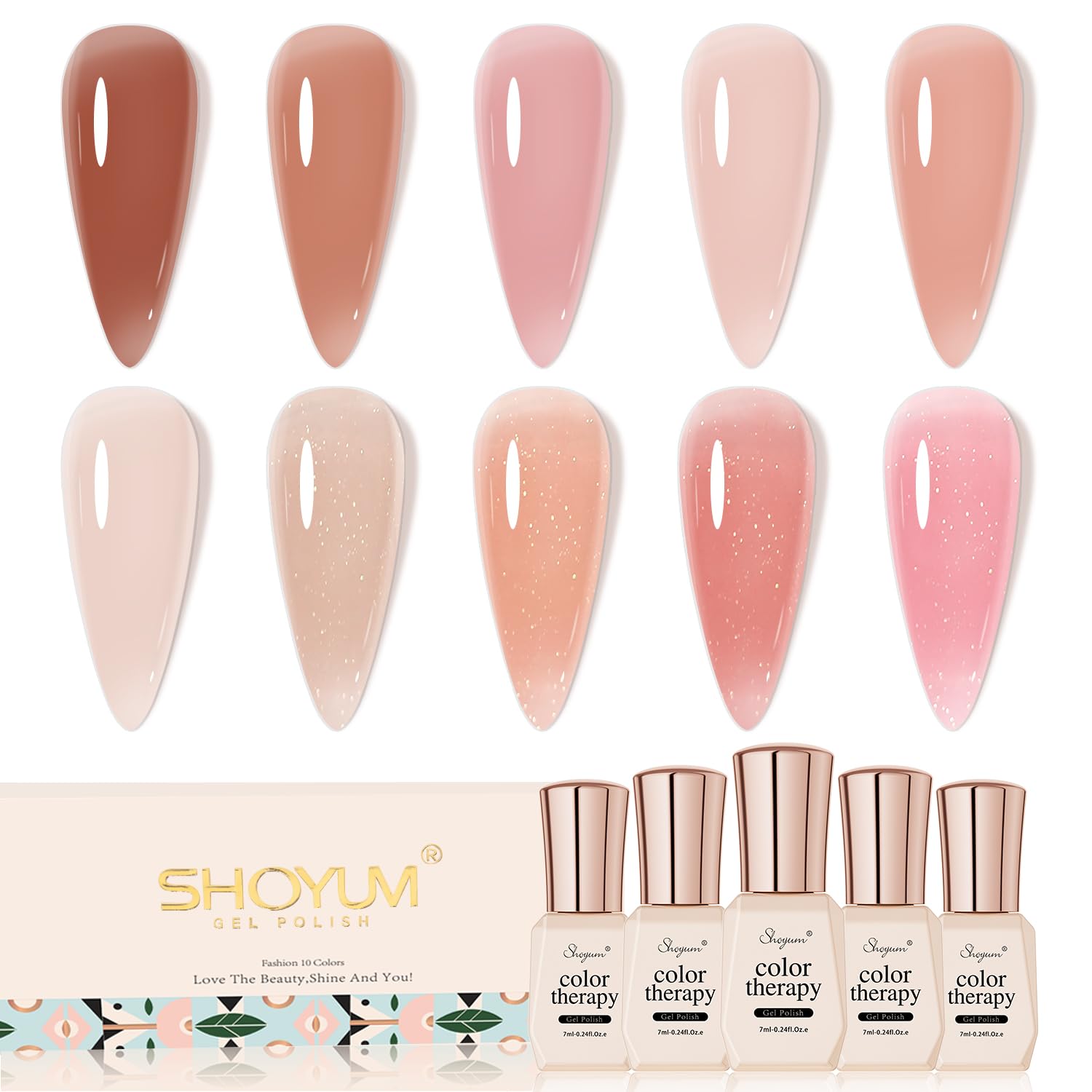 Jelly Nude Gel Nail Polish Set 10Pcs Neutral Skin Color Rose Maple Red Shimmer Gel Polish Kit Semi-Transparent Nail Polish Fall Nail Gel UV LED Soak Off Home DIY 7ml-BrightBean Baby