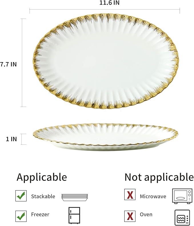 Serving Platters, Ceramic Oval Serving Platters,12 Inch Serving Dishes/Trays for Party Entertaining, Porcelain White Dinner Plates with Gold Trim for Sandwich, Appetizer, Fruit, Desserts, Set of 2