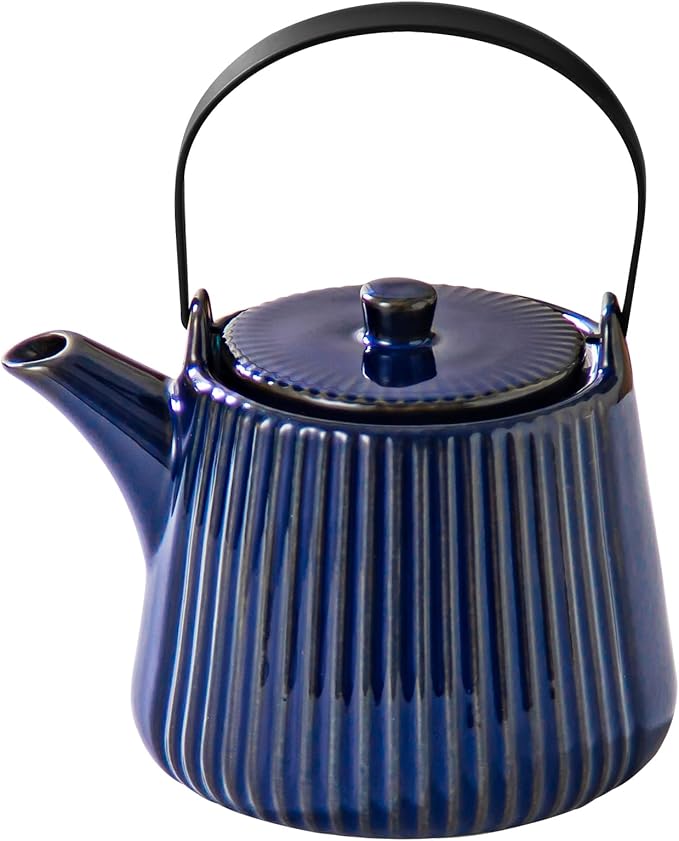 Yundu Deep Blue Ceramic Teapots, 1000ml/33.8oz Tea Kettle, Enough for 4 Cups, Tea pot with infusers for loose tea, Striped Tea Pot with Removable Tea infuser