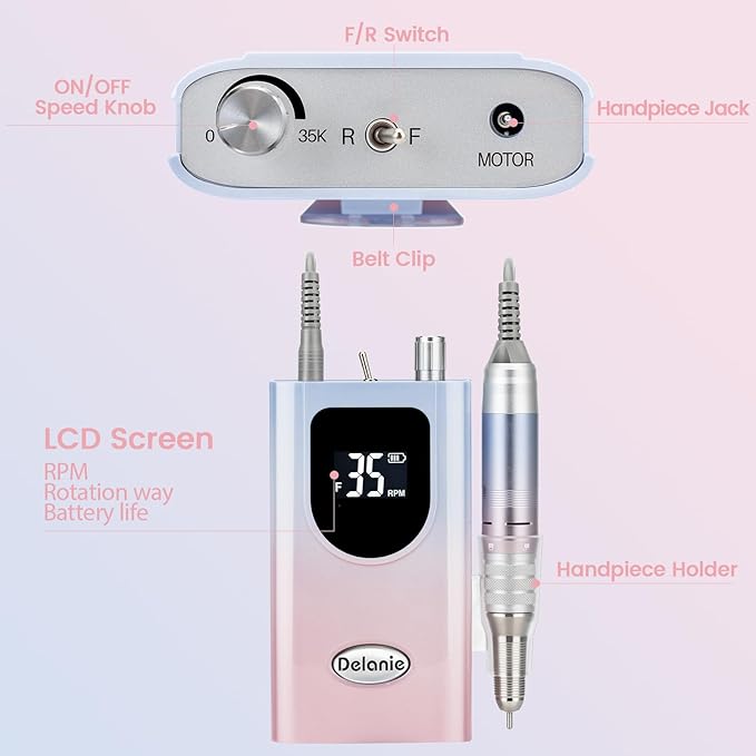 Delanie Professional Nail Drill High Torque 35000 RPM Rechargeable Portable Electric Nail File Filer for Acrylic Gel with Cuticle Bits, Salon Manicure Tool, Gradient Pink-BrightBean Baby