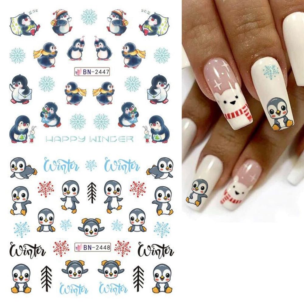 Snowflake Nail Art Stickers Decals Christmas Decorations - 12 Sheets Winter Snowman Elk Penguin Bear Design Water Transfer Slider Foils Supplies for Women DIY Acrylic-BrightBean Baby