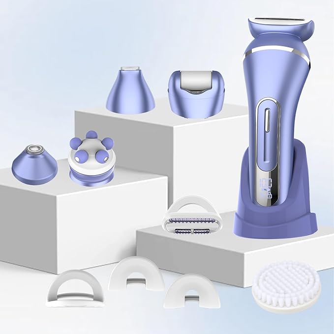 Electric Shavers for Women, 7 in 1 Hair Removal Kit with Epilator Bikini Trimmer Face Razor Body Brush Face Massager Foot Callus Remover, IPX7 Waterproof Lady Razors Set for Legs Armpit Bikini Pubic-BrightBean Baby