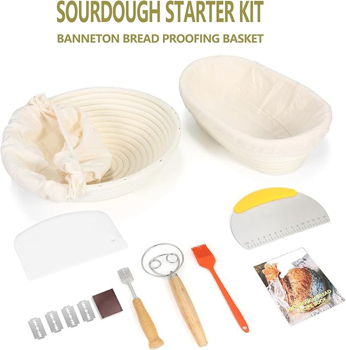 9 & 10 Inch Banneton Bread Proofing Basket Set with Liners,Dough Scraper,Bread Lame & Danish Whisk - Oval and Round Sourdough Baking Kit for Professional & Home Use