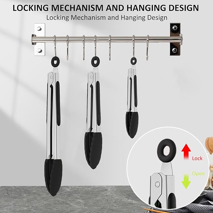 9 Pieces Silicone Tongs for Cooking 7,9,12 inches Kitchen Tongs with Silicone Tip Stainless Steel Heat Resistant Cooking Tongs for Food Grill Salad BBQ Frying and Serving, Black