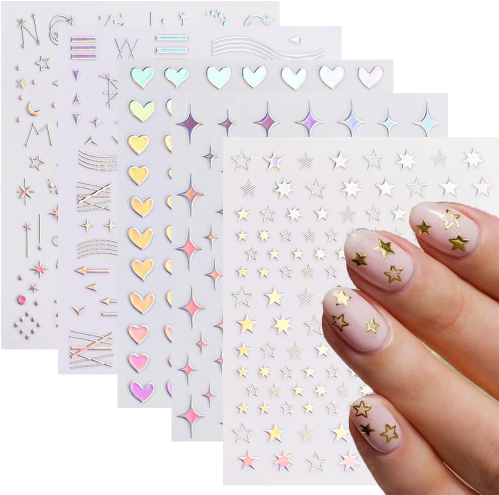 10 Sheets Aurora Nail Art Stickers 3D Pegatinas Uñas Holographic Laser Heart Star Moon Flame Nail Decals Self Adhesive Nail Stickers Nail Supplies DIY Nail Design Nail Art Decoration-BrightBean Baby