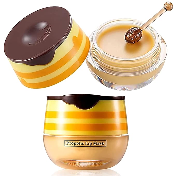 2PCS Lip Balm Honey Pot,Honey & Strawberry Lip Balm, Propolis Moisturizing Honey Lip Mask Lip Balm, Hydrating & Prevention Dry and Cracked Lip Scrubs Exfoliator-BrightBean Baby