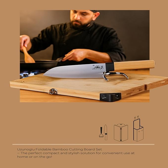 Foldable Bamboo Cutting Board Set - with Knife, Peeler, Bag & Built-in Sharpener – Portable Compact Chopping Board for Camping, Picnic, Travel & Kitchen – Non-Slip, Eco-Friendly, Multi-Purpose Design