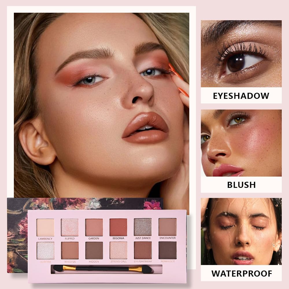 12Colors Eye Shadow Palette With Mirror and Brush,Nude Pink Brown Neutral Natural Eyeshadow Palette,Long Lasting Waterproof Travel Size Makeup Pallete-BrightBean Baby