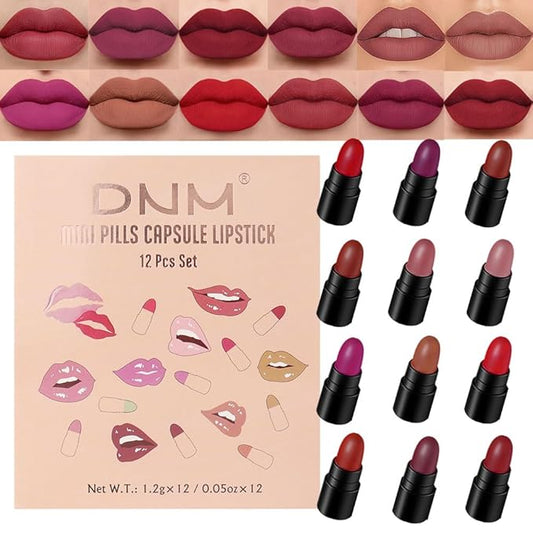 evpct 12Pcs Mini Pills Lipstick Capsule Set for Women Waterproof Long Lasting, Dark Ruby Deep Wine Mauve Red Purple Nude Brown Matte Small Magic Permanent 24 Hour Lipstick Bulk Samples 02-BrightBean Baby