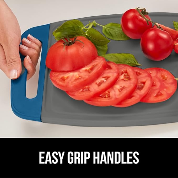 GORILLA GRIP BPA-Free Reversible Kitchen Cutting Board Set of 3, US Designed, Nonporous, Juice Grooves Catch Liquid, Slip Resistant Border, Dishwasher Safe, Durable Food Chopping Boards, Blue Gray