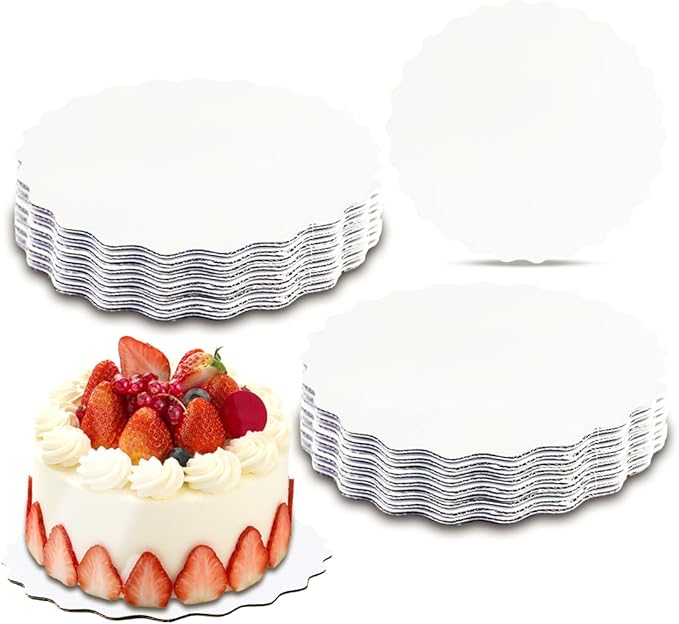 qiqee 10 Inch White Wave Cake Boards Round 50-Packs Circles Rounds Base Food-Grade Cardboard Wave Cake Plate（Thinner But Stronger）