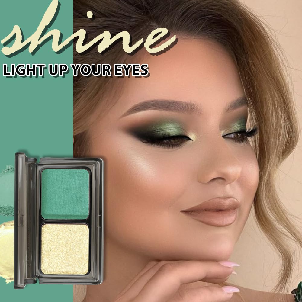 Golden Green Two Color Matte Shimmer Glitter Eyeshadow Palette,Eye Shadow Powder Professional Long-Lasting Waterproof Makeup Palette,Easy-To-Apply and Compact for Travel,Vegan & Cruelty-Free-BrightBean Baby