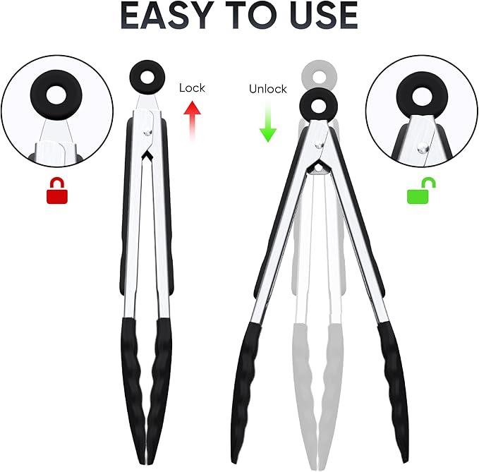 9 Inch Kitchen Tongs, Cooking Tongs with Silicone Tips and Stainless Steel Handle, Non Stick Heat Resistant Tongs for Cooking, Buffet, Salad Serving (9", Black)