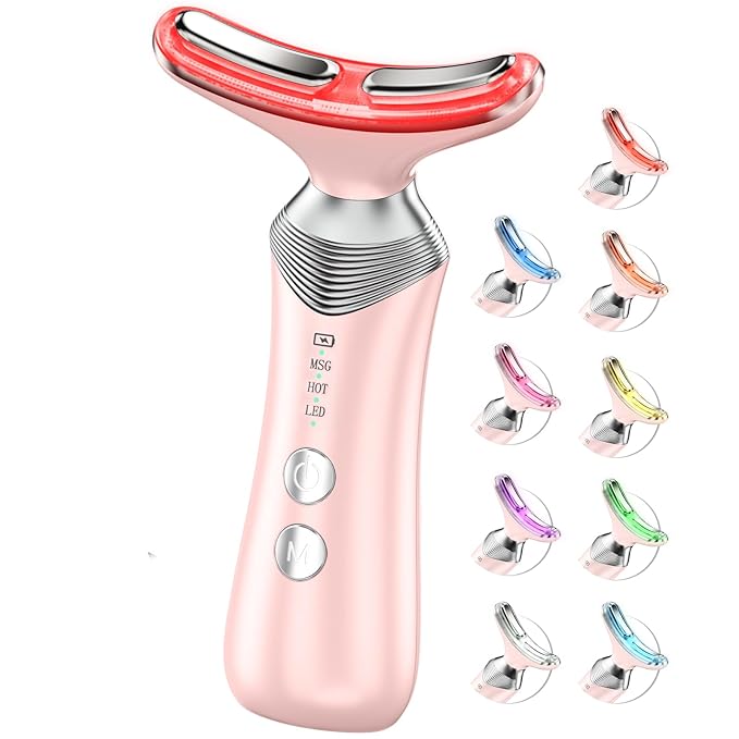 9-in-1 Red-Light-Therapy-for-Face-and-Neck, Portable Facial Massager Tool with Adjustable Vibration & Thermals for Wrinkles, Double Chin, Pink-BrightBean Baby
