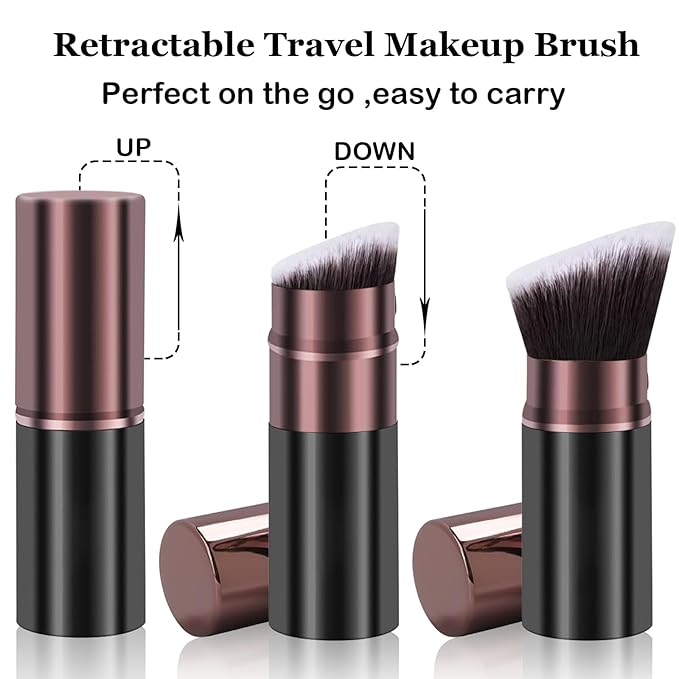 Retractable Makeup Brush, Travel Kabuki Powder Makeup Brush 2 Pack, Foundation Face Blush Brushes for Blending Liquid, Blush, Bronzer, Buffing, Sunscreen,Flawless Cosmetics-BrightBean Baby