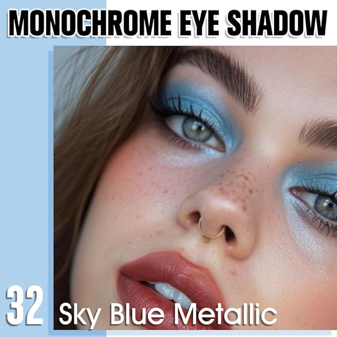 Sky Blue Single Metallic Shimmer Eyeshadow Makeup, Neutral Powde Eye Shadow for Women, Sky Blue Metallic Glitter Singles Eyeshadow Palette Pigmented Waterproof, Girls Monochrome Eyeshadows Gift-BrightBean Baby