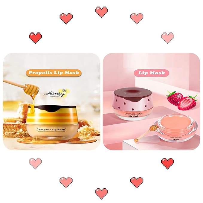 2 Pack Nourishing Lip Balm Honey Pot, Moisturizing Honey & Strawberry Propolis Lip Mask, Hydrating & Prevention Dry and Cracked Lip Scrubs Exfoliator Lip Sleeping Mask Reduces Lip Lines-BrightBean Baby