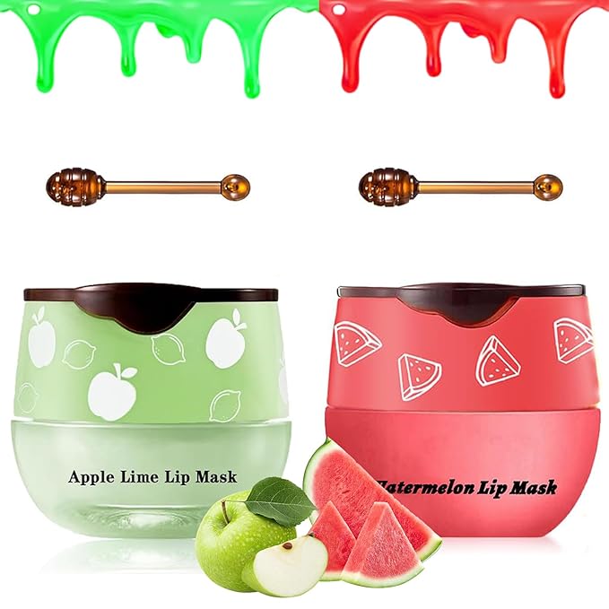 2 PCS Bee Lip Balm Honey Pot, Watermelon & Apple Lime Lip Sleeping Masks Overnight, Hydrating Prevention Dry and Cracked Lip Scrubs Exfoliator Lip Care, Reduces Lip Lines-BrightBean Baby