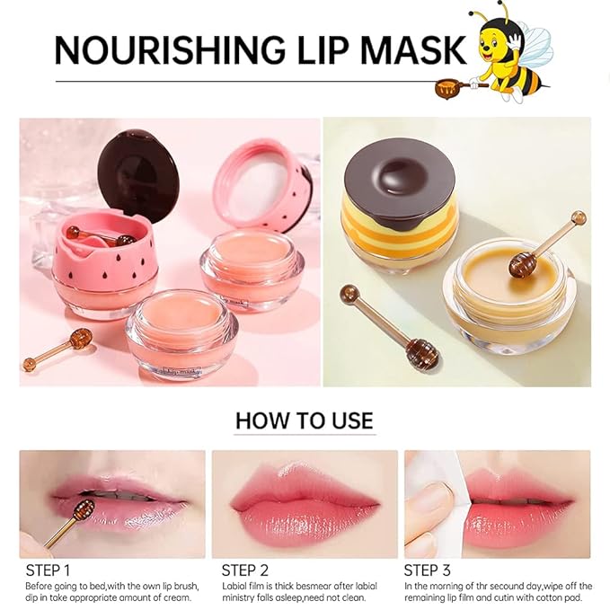 2PCS Bee Balm Lip Balm Honey Pot & Strawberry Sleeping Lip Mask, Propolis Moisturizing Honey Lip Mask Lip Balm, Hydrating & Prevention Dry and Cracked Lip Scrubs Exfoliator, Winter Lip Care Products-BrightBean Baby