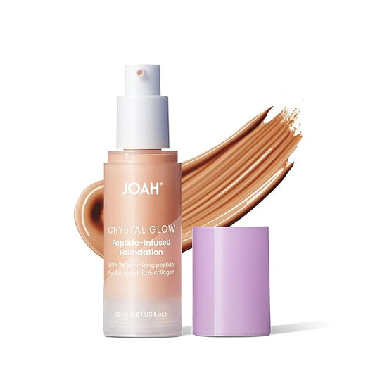 JOAH Crystal Glow Peptide-Infused Foundation, 2-in-1 Multitasking Korean Makeup with Blurring Face Primer, Luminizer, Hydration & Skin Defense for a Flawless Finish, 1.01 Oz, Light Medium Cool-BrightBean Baby