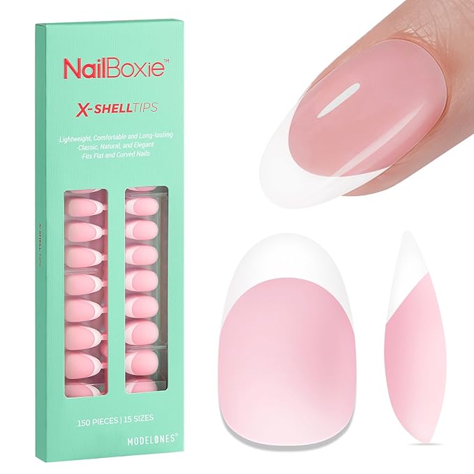 modelones French Tip Press on Nails, 150Pcs Short Almond Fake Nails with Nail Box, Pink Gel Nail Tips for Women, Soft Glue-On Nails for Natural Salon Look, DIY Nail Art Kit (15 Sizes)-BrightBean Baby