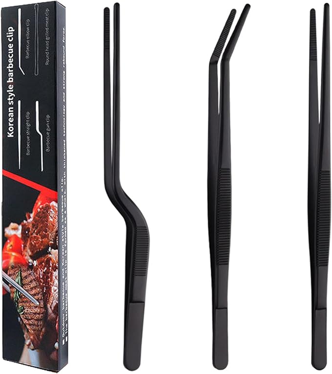 Professional Stainless Steel Food Tongs Stainless Steel Kitchen Tweezers Tongs Set 11.8 Inch Professional Chef Cooking Tools for BBQ Plating Baking (3, Black)
