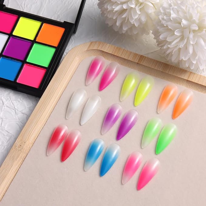 Neon Phosphor Nail Pigment Powder Palette, 9 Colors Solid Pigment Powder for Nails, Fluorescent Glitter Aura Nails Rubbing Dust with Ombre Nail Brush & Sponge Sticks Manicure Art DIY Accessories-BrightBean Baby