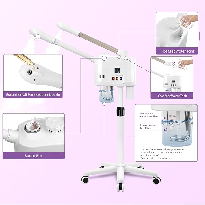 Professional Facial Steamer, 2 in 1 Facial Steamer on Wheels for Cold Mist & Hot Mist & Timer Function, Stand Face Steamer Adjustable Height for Spa, Salon and at Home use-BrightBean Baby