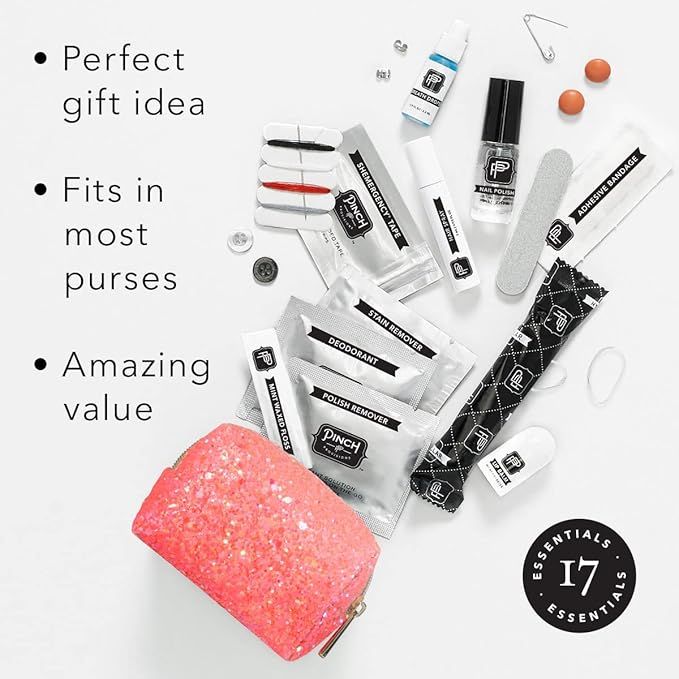 Pinch Provisions Coral Glitter Minimergency Kit, includes 17 Travel-Sized Cosmetic Essentials, Convenient for Purses, Emergency Beauty Accessories, Gifts for Holiday’s & Birthday’s-BrightBean Baby