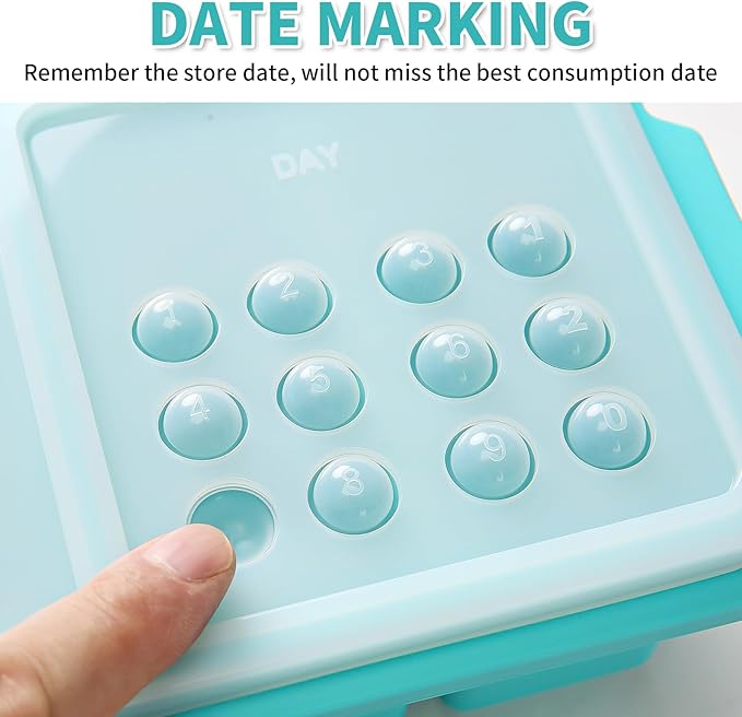 1 Cup Silicone Freezer Tray Ice Cubes with Lids and Date Mark for Storing Lasagna Leftovers Sauces Portioned Meals and More, Silicone Soup Freezer Molds for Meal Prepping 2 Pack Aqua