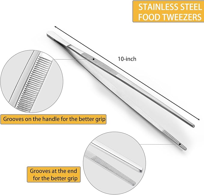 JETKONG 10 Inch Kitchen Tweezers Tongs Stainless Steel Cooking Tweezers Professional Chef Tweezers for Serving Food