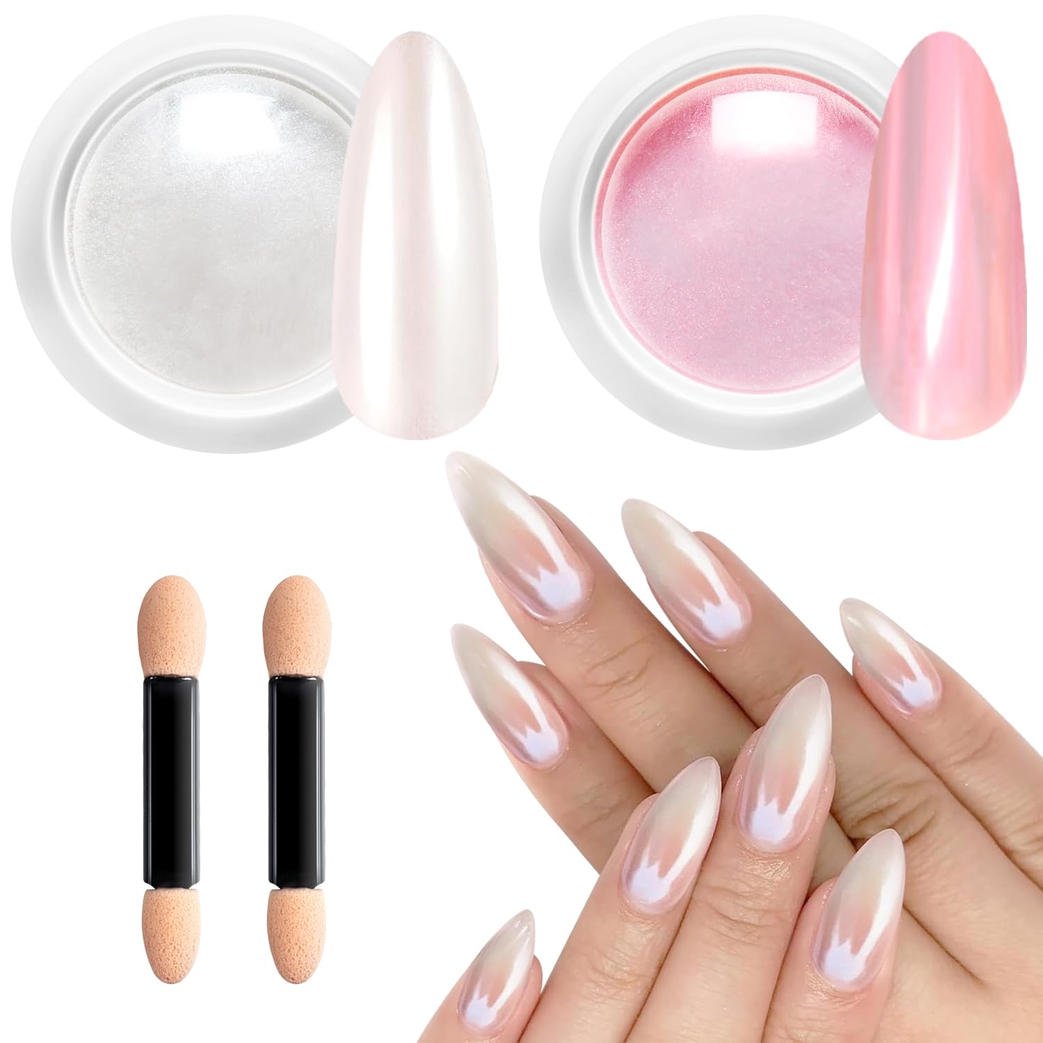 Pearl Chrome Nail Powder BISHENGYF -【Fairy Effect】 Pink Chrome Nail Powder White Pearlesent Aurora Mermaid Iridescent Nail Chrome Powder, Metallic Mirror Glitter Pigment Dust for Nail Art DIY 2PCS-BrightBean Baby