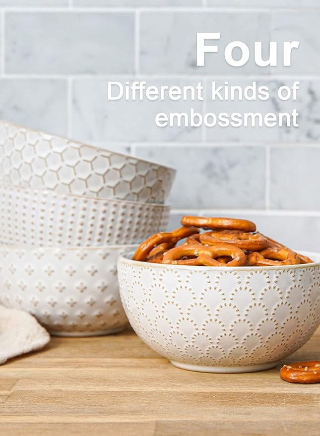 LE TAUCI Small Bowls 12 OZ, Ice Cream Bowl, Ceramic Embossment Stoneware Bowl, Bowls Set for Dessert, Fruits, Side Dishes, Suit For Housewarming - 4.5 Inch, Set of 4, Arctic white