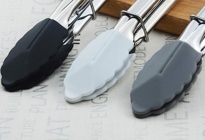 Mini Tongs with Silicone Tips 7-Inch Small Serving Tongs, Set of 3 (Black White Gray)